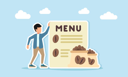 Man standing beside a menu board and several coffee sacks illustration for appreciation of coffee day or coffee festival celebrationのイラスト素材