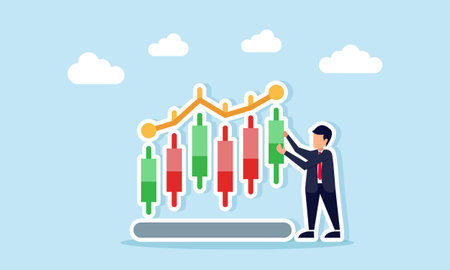 Businessman arranging candlestick on a chart illustration of stock market analysis for a business companyのイラスト素材