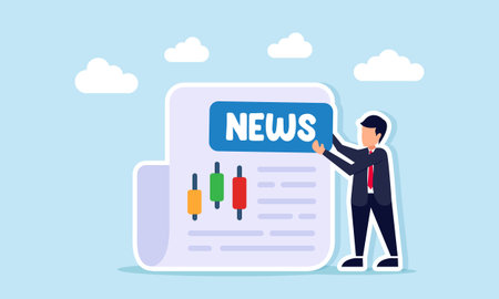 Businessman placing a board with text news on a newspaper containing candlestick illustration of stock index market updateのイラスト素材