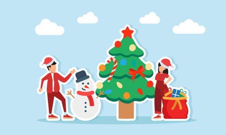 Man and woman in red outfits with Santa hats standing near Christmas tree snowman and sack filled with gifts illustration of appreciation for holiday celebrationのイラスト素材