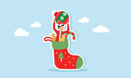 Man in red outfit with Santa hat emerging from Christmas stocking filled with candies illustration of appreciation for holiday celebrationのイラスト素材