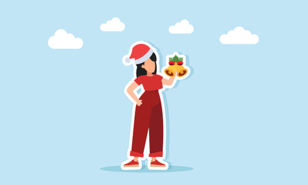 Woman in red outfit with Santa hat holding a bell illustration of appreciation for Christmas holiday celebrationのイラスト素材