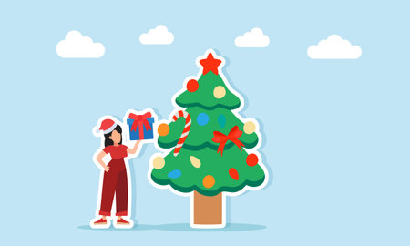 Woman in red outfit with Christmas hat holding gift near Christmas tree illustration of appreciation for the Christmas celebrationのイラスト素材