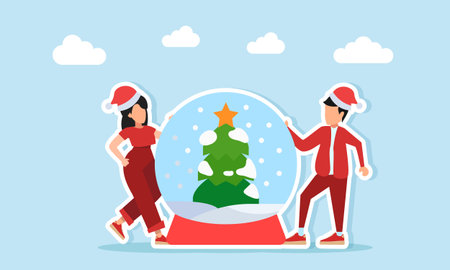 Man and woman in red outfits with Christmas hats standing near Christmas tree ornaments illustration of appreciation for the Christmas celebrationのイラスト素材