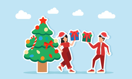 Man and woman in red outfits with Christmas hats holding gifts near Christmas tree illustration of appreciation for the Christmas celebrationのイラスト素材