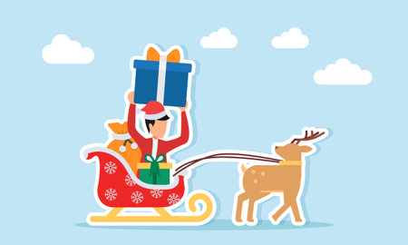 Santa train carrying gifts and man in red outfit with santa hat lifting present illustration of appreciation for christmas celebrationのイラスト素材