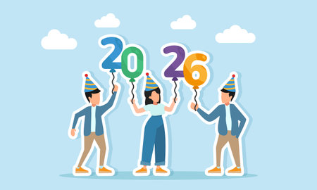 several men and women wearing party hats holding balloons with 2026 pattern illustration of a new year celebration event party or festival conceptのイラスト素材