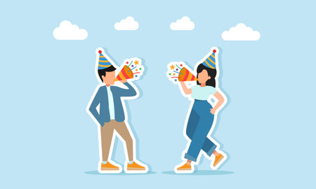 man and woman celebrating a party or festival wearing party hats and blowing trumpets illustration of a celebration concept for an event party or festivalのイラスト素材
