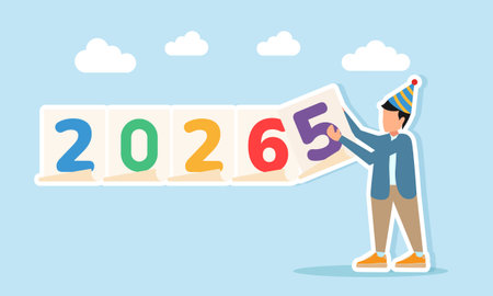 Man wearing party hat holding paper with number 5 to complete number 2026 illustration of...