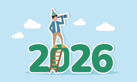 Man wearing party hat climbing number 2026 with ladder observing surroundings using telescope...