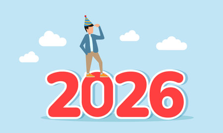 Man wearing party hat standing on number 2026 observing surroundings illustration of looking at prospects and opportunities in the new yearのイラスト素材
