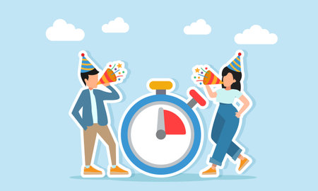 Man and woman wearing party hats blowing trumpets together near a stopwatch illustration of appreciation for New Year celebrationのイラスト素材