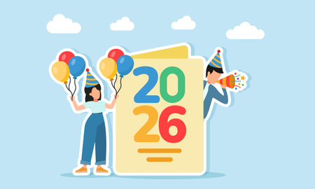 Man wearing a hat blowing a trumpet from behind an invitation card with number 2026 near a woman in a party hat holding many balloons illustration of appreciation for New Year celebrationのイラスト素材
