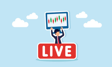 Businessman holding a monitor showing candlestick chart emerging from a board labeled LIVE illustration of technical analysis in live stock movement of a companyのイラスト素材