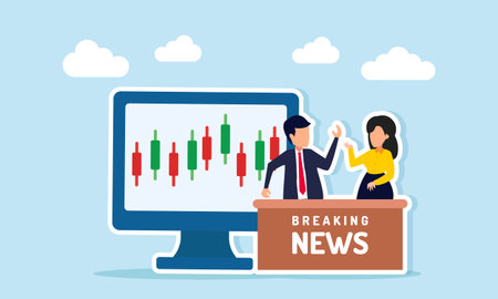 male and female reporters presenting breaking news near monitor showing candlestick chart illustration of live stock market performanceのイラスト素材