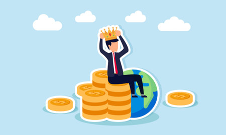 businessman wearing crown sitting on pile of coins near globe illustration of leading company in business sector taking profitのイラスト素材