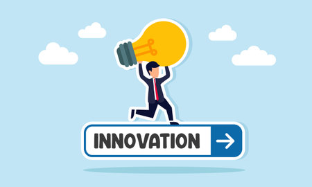businessman carrying light bulb running on search engine with word innovation illustration of searching for business ideas and innovationのイラスト素材