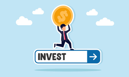 businessman running with bring dollar coin on search engine bar with word invest illustration of business financial investment decisionのイラスト素材