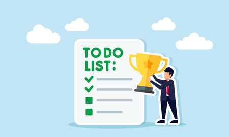 Businessman holding a trophy beside a document titled To Do List illustration of procedure to achieve leading company status in a business sectorのイラスト素材