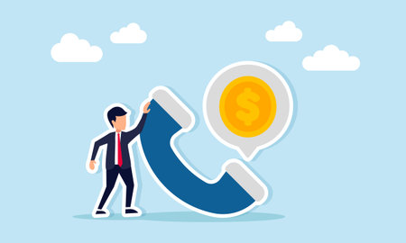 Businessman standing near telephone displaying chat dialogue with dollar coins symbolizing feedback and suggestions for financial management and company policyのイラスト素材