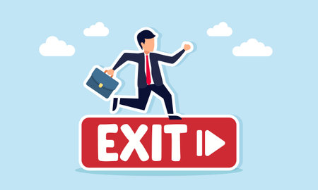 Businessman carrying briefcase running on exit platform illustration of leaving business consortium or ending business partnershipのイラスト素材