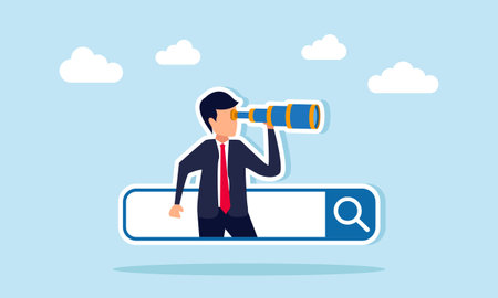 Businessman emerging from search engine using telescope illustration of exploring business opportunitiesのイラスト素材
