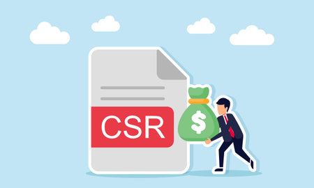 Businessman carrying a money bag near a document labeled CSR illustration of company social responsibility in businessのイラスト素材