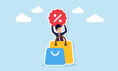 Businessman appearing from behind several shopping bags while holding a discount or percent icon illustration of marketing strategy using promotional discountのイラスト素材