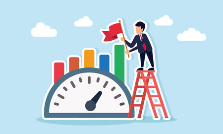Businessman climbing a ladder to plant a flag on a chart near a speedometer illustration of completing business performance calculationのイラスト素材