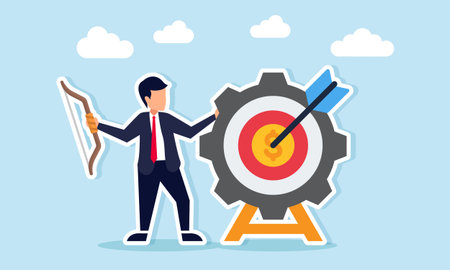 Businessman holding an arrow near a target board with gear style illustration of business management improvement goalのイラスト素材