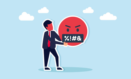 Angry businessman with red face holding red emoticon with censored mouth illustration of frustration caused by business loss or fraudのイラスト素材