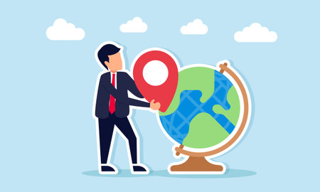 Businessman holding location pin near globe illustration of mapping and projecting potential areas for global business expansionのイラスト素材