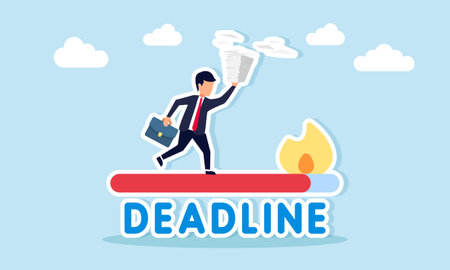 Businessman carrying a stack of paperwork running on a deadline bar with sparks illustration of business project deadlineのイラスト素材