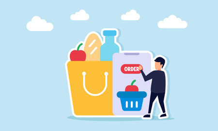 Businessman pressing order button on marketplace app displayed on smartphone near shopping bag illustration of business innovation in digital transformationのイラスト素材