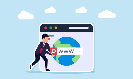 Businessman holding search engine board near app interface with globe illustration of designing SEO optimization to support business performanceのイラスト素材