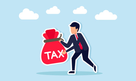 Businessman carrying a red sack labeled TAX illustration of business tax payment or settlementのイラスト素材