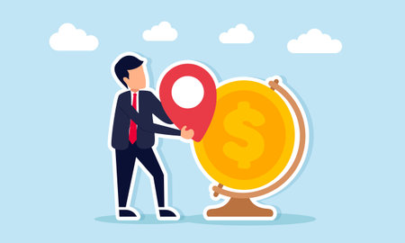 Businessman holding a location pin near a dollar coin shaped like a globe illustration of financial management mitigation and business finance calculationのイラスト素材