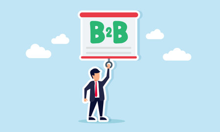 Businessman pulling a projector screen displaying the text B to B illustration of explaining business to business ideaのイラスト素材