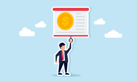 Businessman pulling a projector screen displaying a dollar coin illustration of explaining company financial managementのイラスト素材