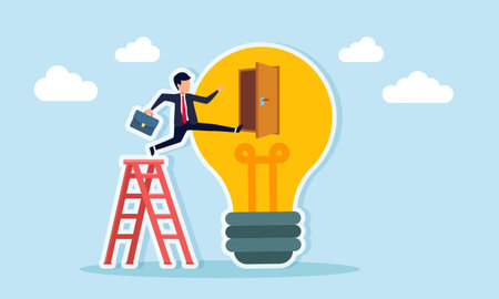 Businessman jumping from a ladder toward a door on a lightbulb illustrating the application of business ideas and innovationのイラスト素材