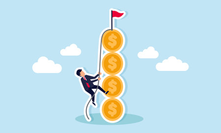 Businessman climbing a stack of dollar coins using a rope illustration of efforts to gain profit in businessのイラスト素材