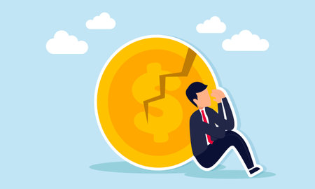 Businessman sitting sadly near a cracked dollar coin illustration of failure to maintain business profitのイラスト素材