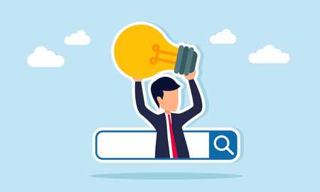 Businessman holding a lightbulb emerging from a search engine bar illustration of gaining ideas and innovation for business through the internetのイラスト素材