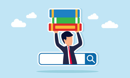 Businessman holding a stack of books emerging from a search engine bar illustration of gaining business literacy from the internetのイラスト素材