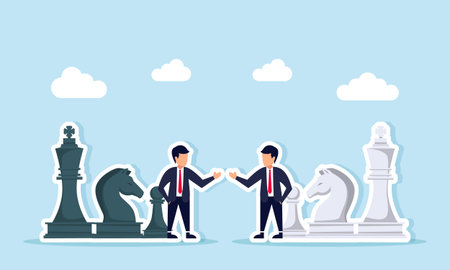 Two businessmen talking and discussing among chess pieces illustration of competition strategy with business competitorsのイラスト素材