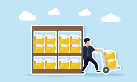 Businessman pushing a trolley filled with document folders taken from an archive shelf illustration of business company document managementのイラスト素材