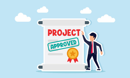 Businessman standing beside a document labeled Project with an approved stamp illustrating a business project that has been approvedのイラスト素材