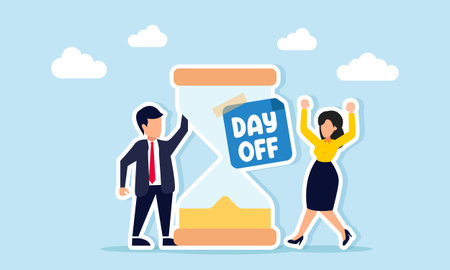 Businessman and businesswoman celebrating a finished hourglass marked Day Off illustrating the...