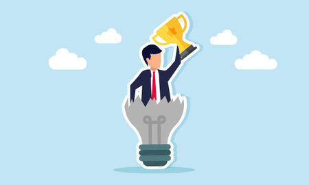 Businessman emerging from a broken light bulb holding a trophy illustration of success in applying business ideas and innovation to become a leading companyのイラスト素材