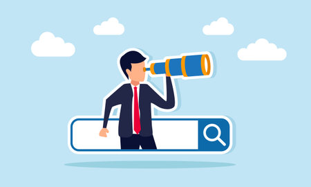 Businessman holding a telescope emerging from a search engine illustration of efforts to find jobs and secure business projectsのイラスト素材